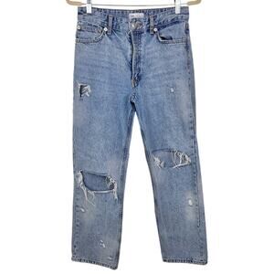 Zara High Rise Distressed Straight Jeans 6 Ripped Acid Wash Blogger Favorite